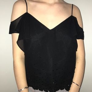 V-Neck Ruffled Cold Shoulder Beaded bottom Blouse